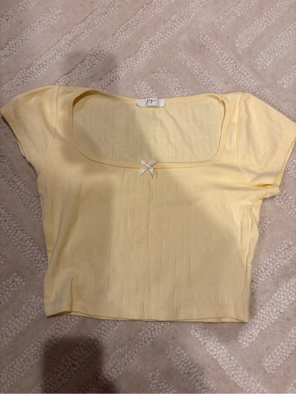 Yellow Square-Neck Ribbed Crop Top with Bow